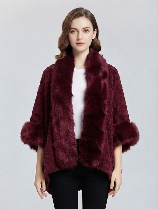 Premium Faux Fur Cape with Rose Imprints & Sleeves Premium Faux Fur Cape with Rose Imprints & Sleeves